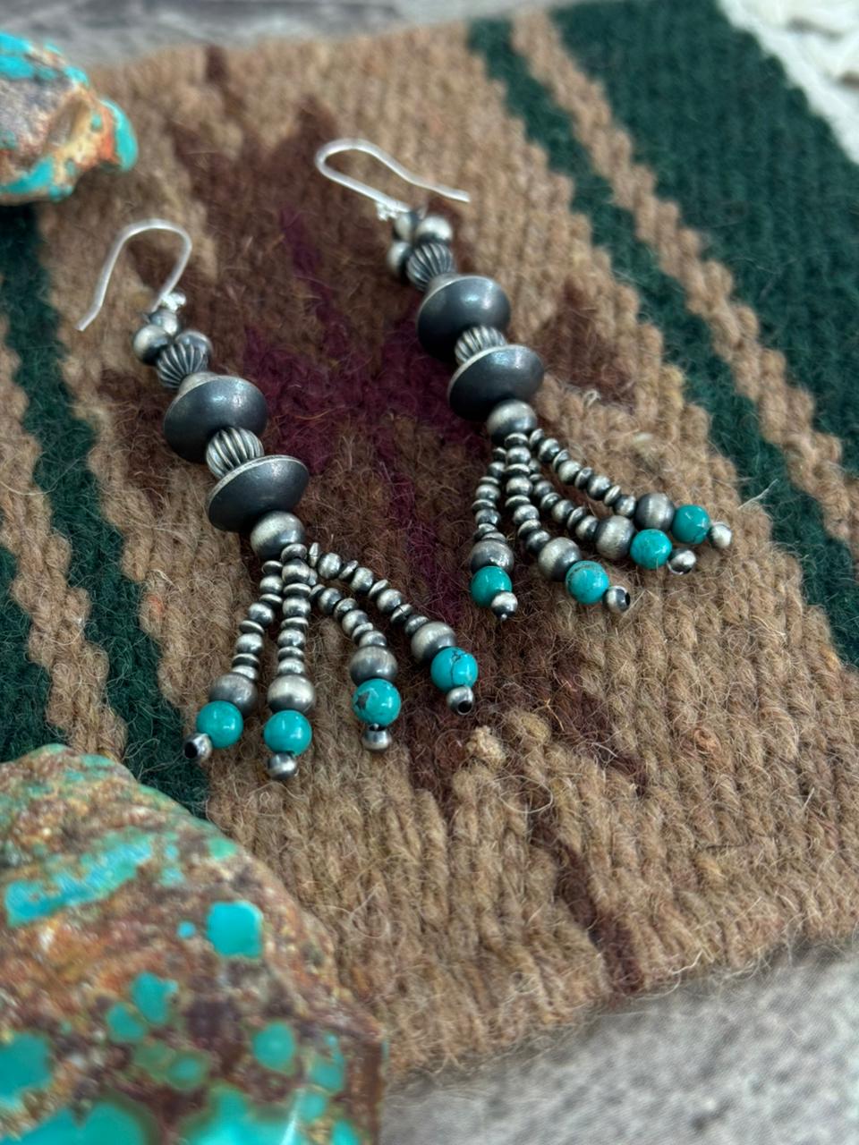 Handmade Sterling Silver Kingman Turquoise Beaded Hook Dangle Earrings