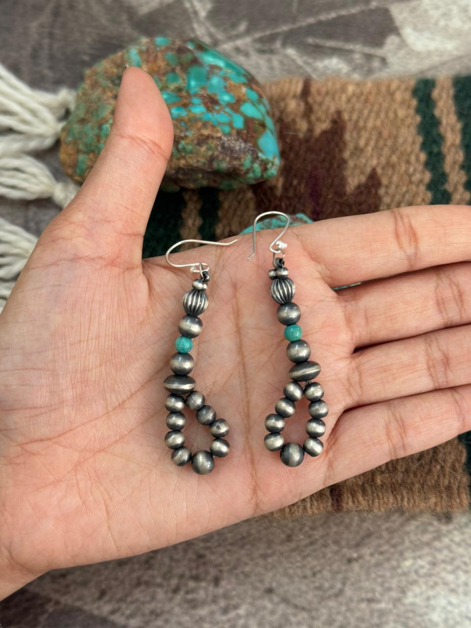 Handmade Sterling Silver Kingman Turquoise Beaded Hook Dangle Earrings