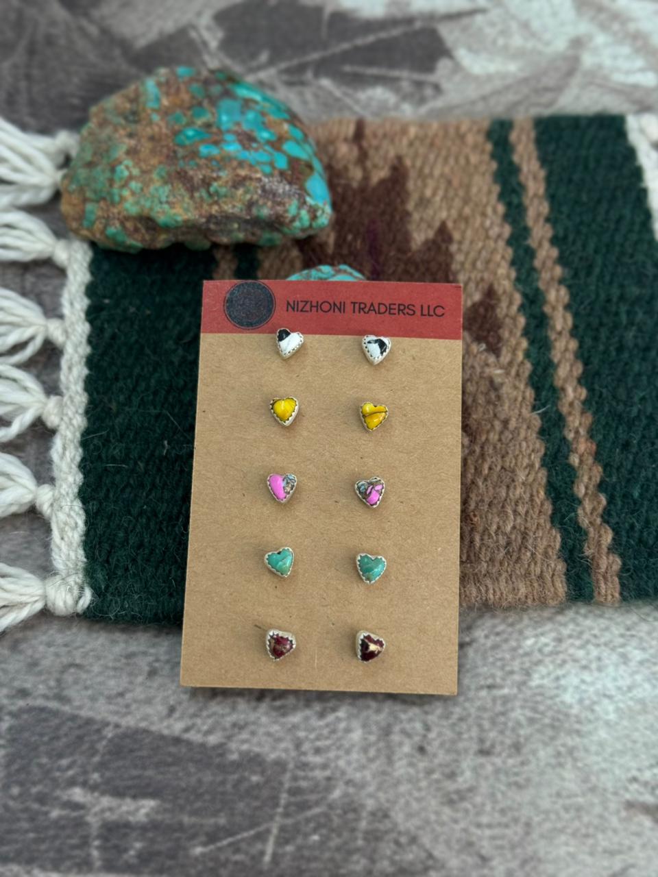 Handmade Sterling Silver Multi Stone Post Heart Shape Studs Earrings Set