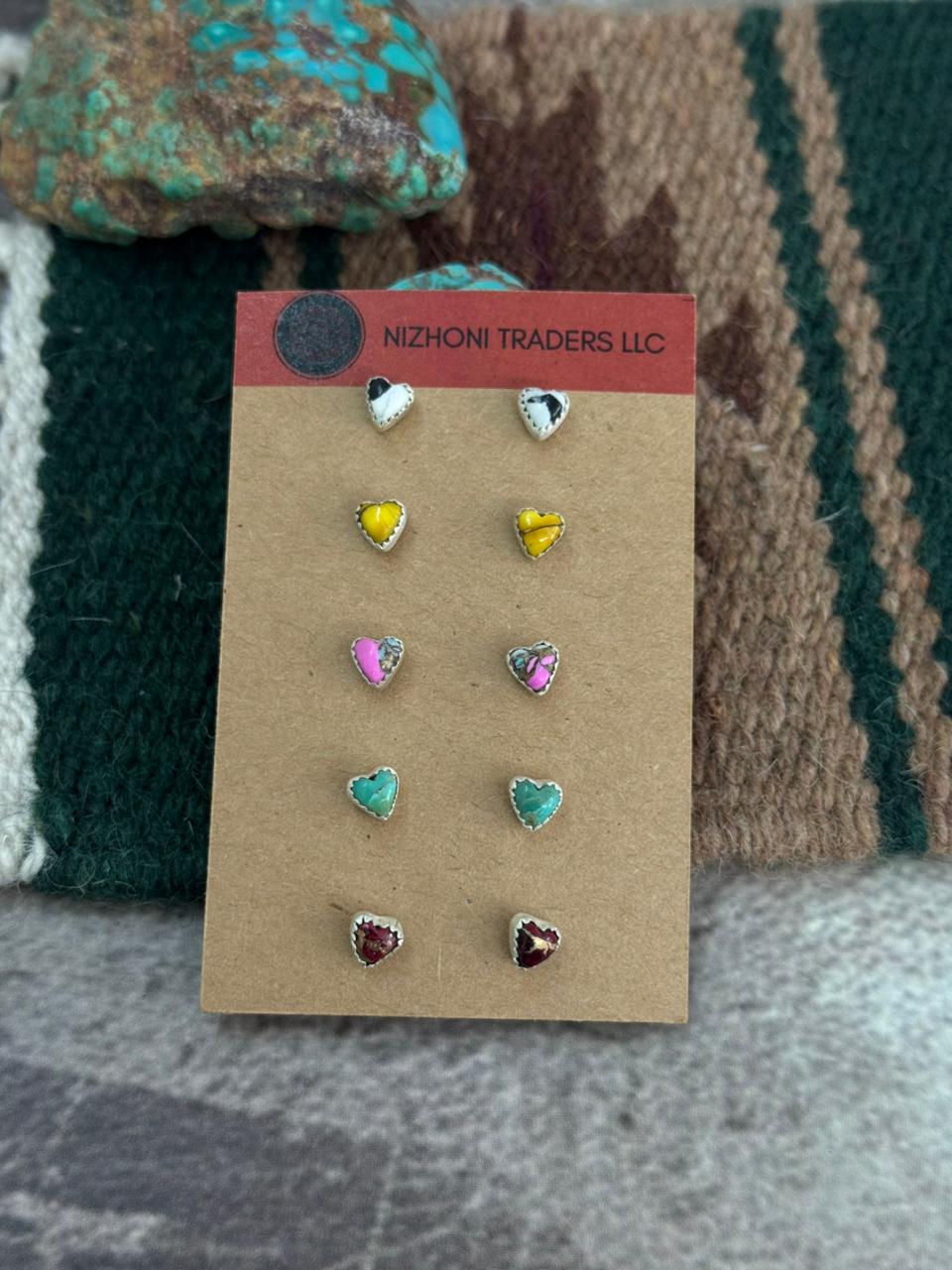 Handmade Sterling Silver Multi Stone Post Heart Shape Studs Earrings Set