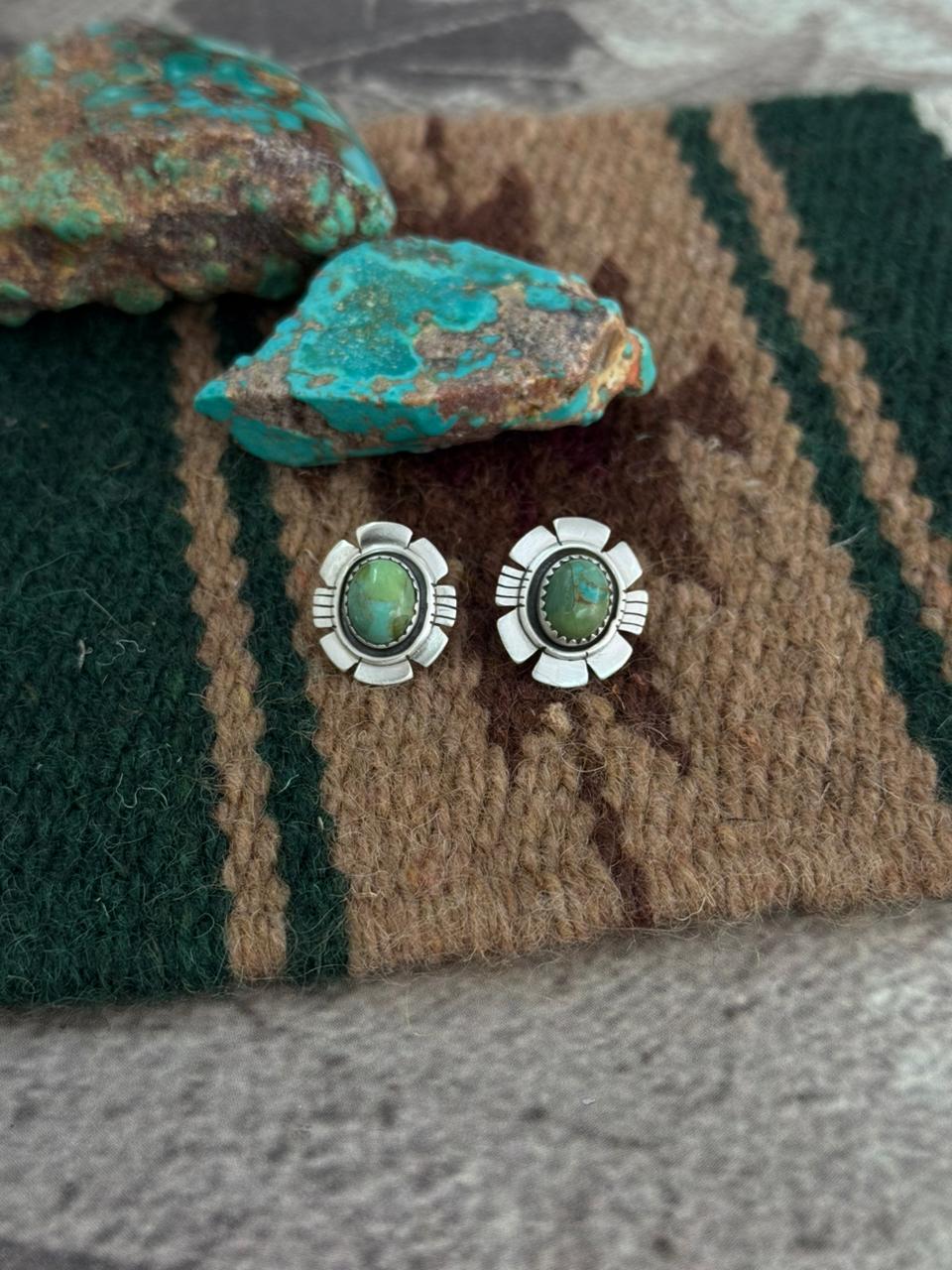 Handmade Sterling Silver Kingman Turquoise Post Studs Earrings "Signed Nizhoni"