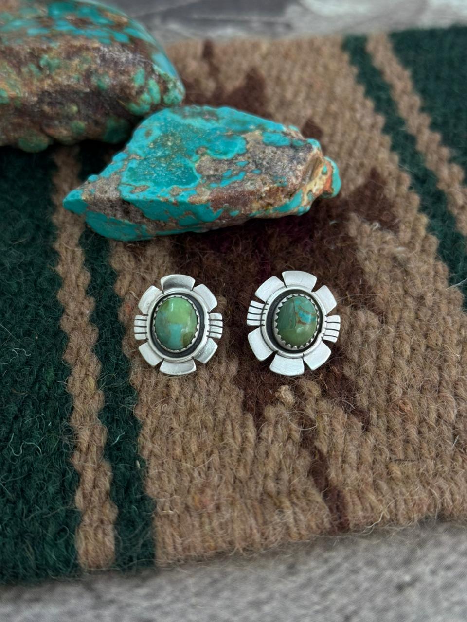 Handmade Sterling Silver Kingman Turquoise Post Studs Earrings "Signed Nizhoni"