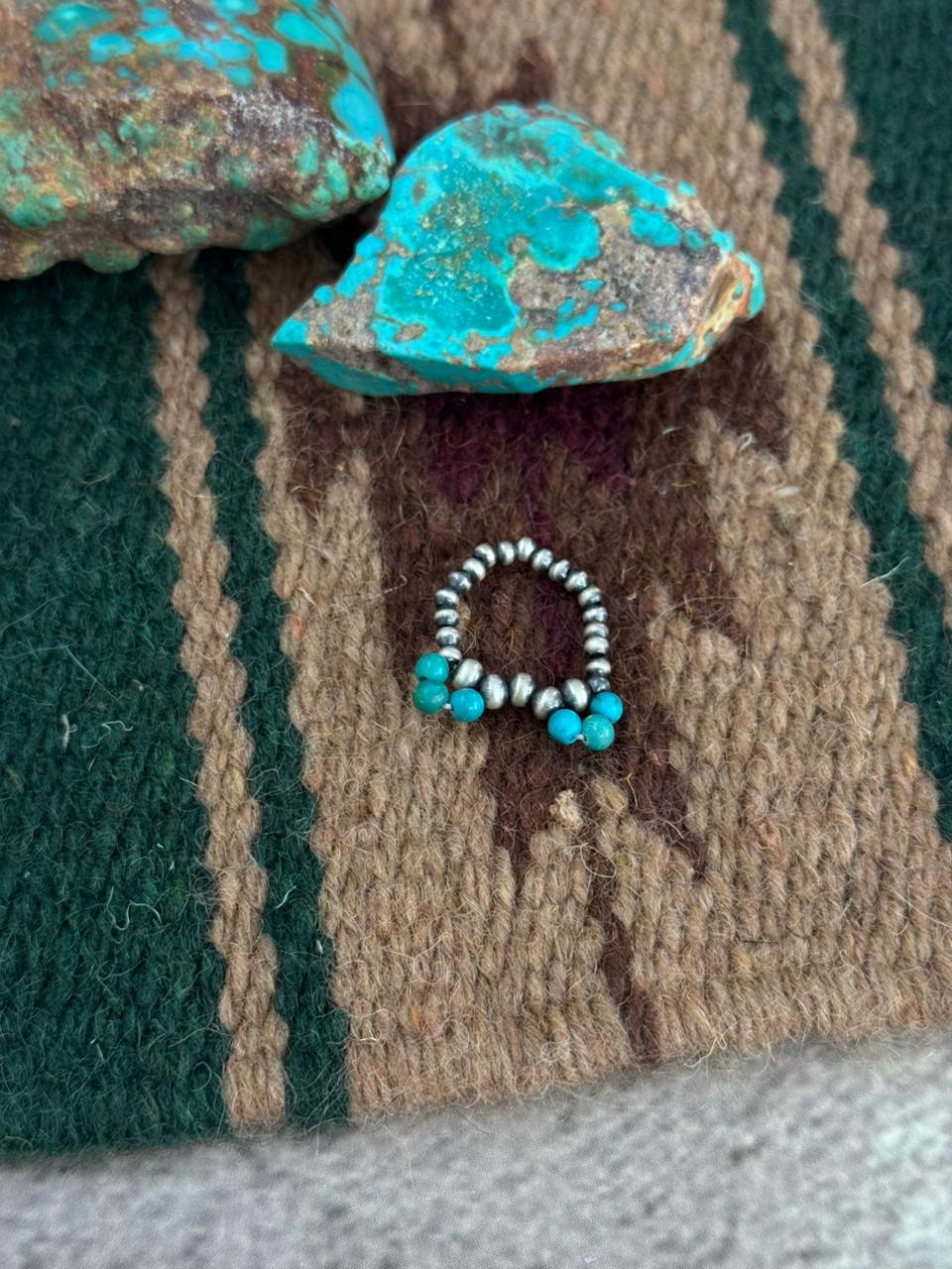 Handmade Sterling Silver Kingman Turquoise Beaded Adjustable Ring "Singed Nizhoni"