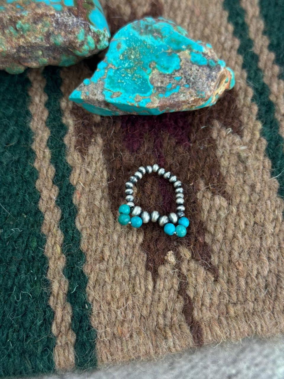 Handmade Sterling Silver Kingman Turquoise Beaded Adjustable Ring "Singed Nizhoni"