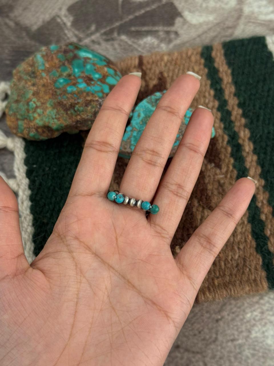 Handmade Sterling Silver Kingman Turquoise Beaded Adjustable Ring "Singed Nizhoni"