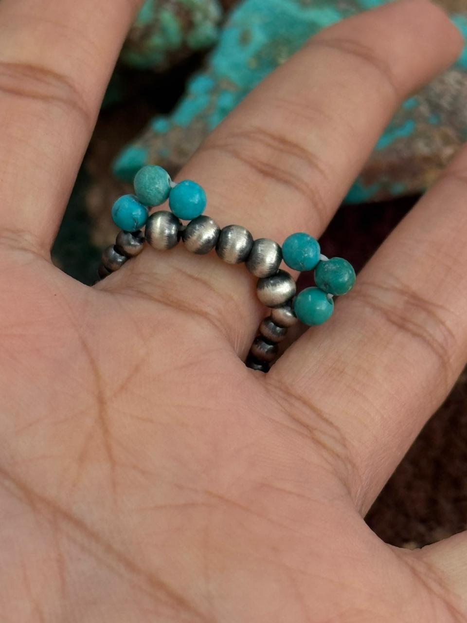 Handmade Sterling Silver Kingman Turquoise Beaded Adjustable Ring "Singed Nizhoni"