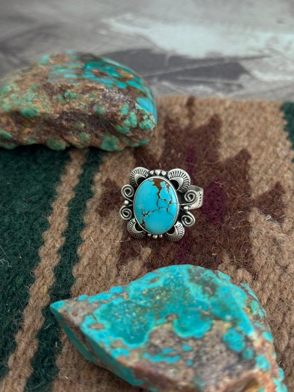 Handmade Sterling Silver Number 8 Turquoise Adjustable Ring "Singed Nizhoni"