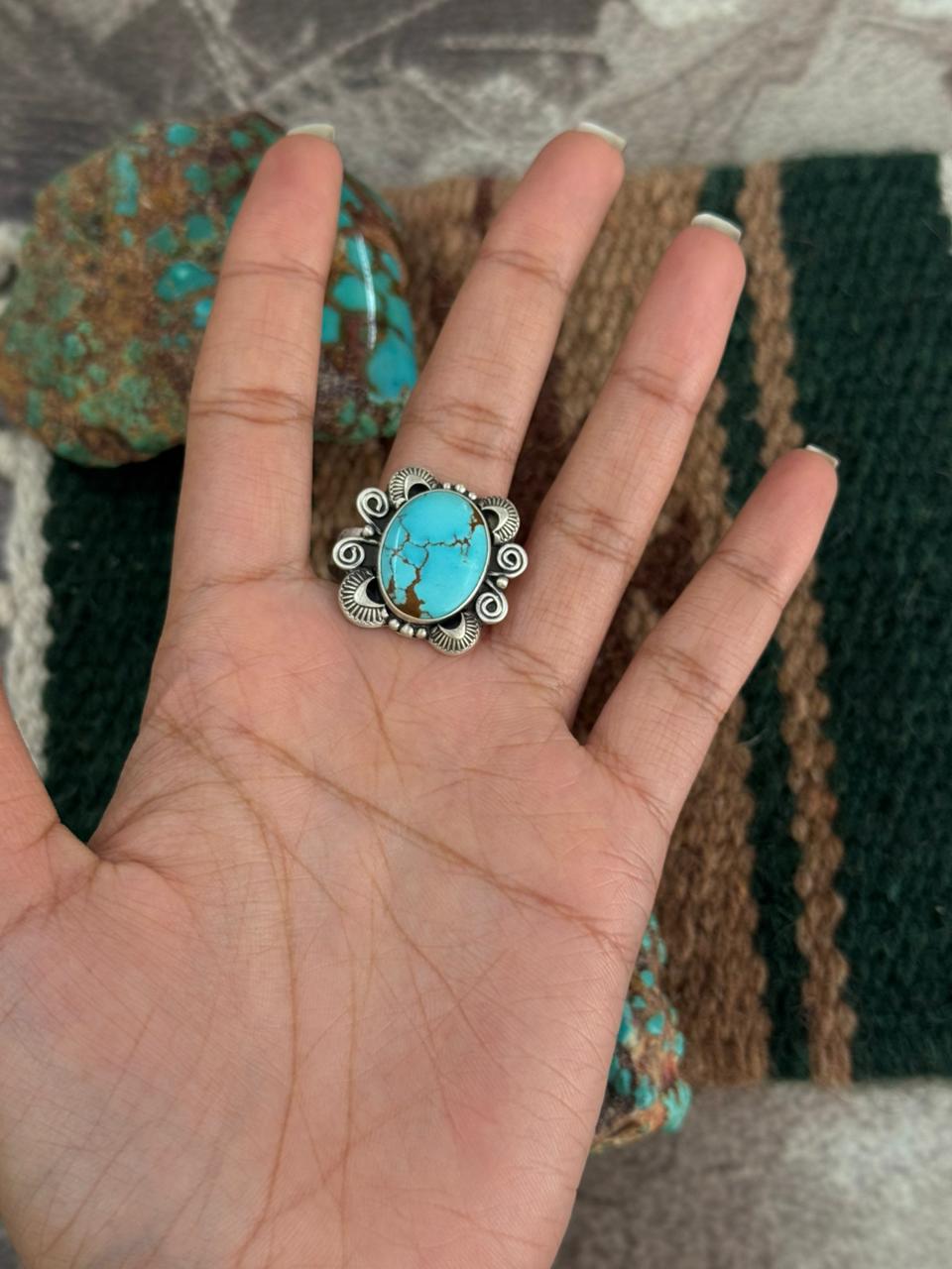 Handmade Sterling Silver Number 8 Turquoise Adjustable Ring "Singed Nizhoni"