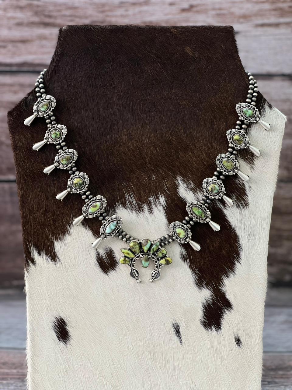 Handmade Sterling Silver Beaded Multi Stone Squash Blossom Necklace "Signed Nizhoni"