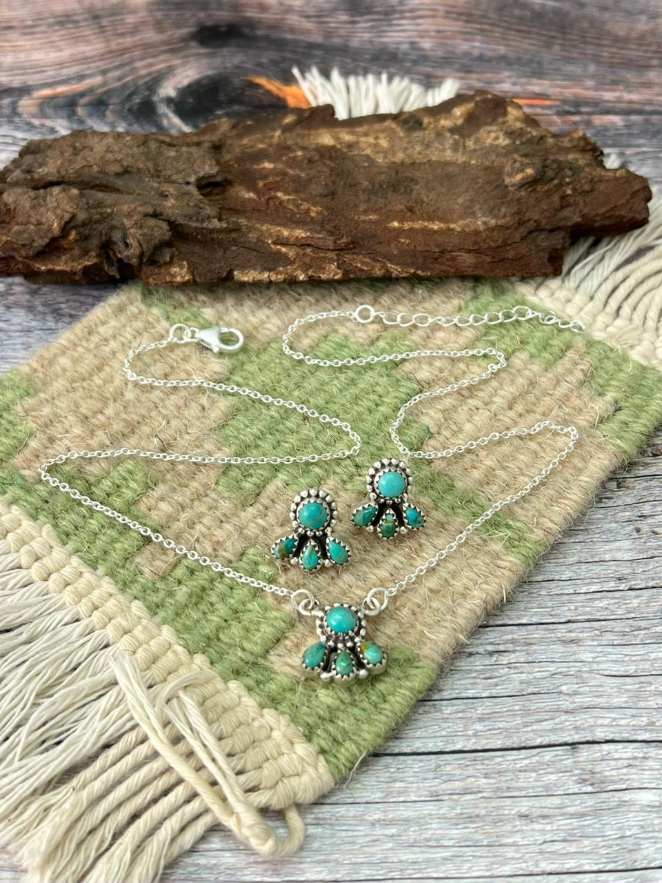 Handmade Sterling Silver Kingman Turquoise Necklace Earrings Set "Signed Nizhoni"