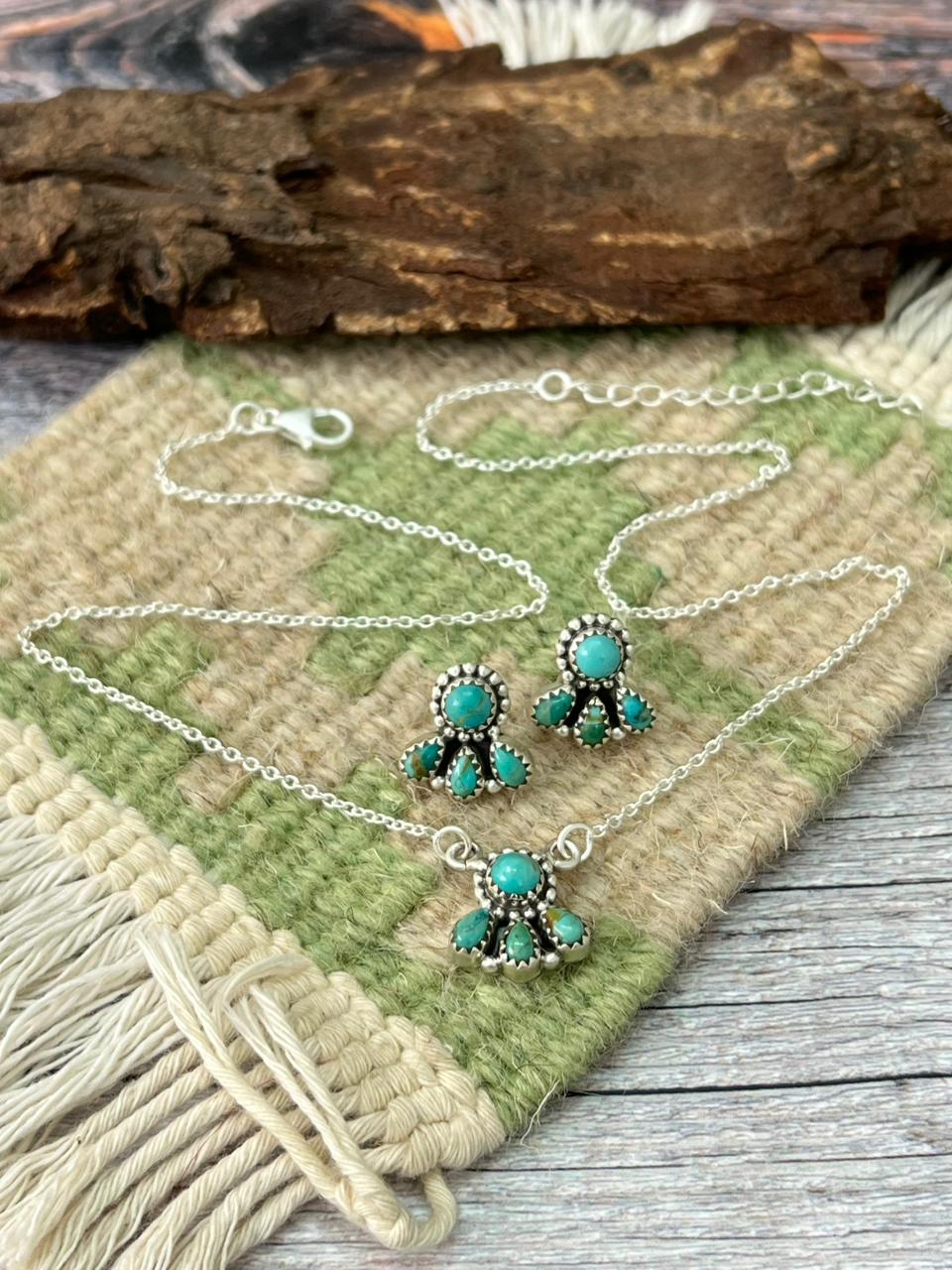 Handmade Sterling Silver Kingman Turquoise Necklace Earrings Set "Signed Nizhoni"