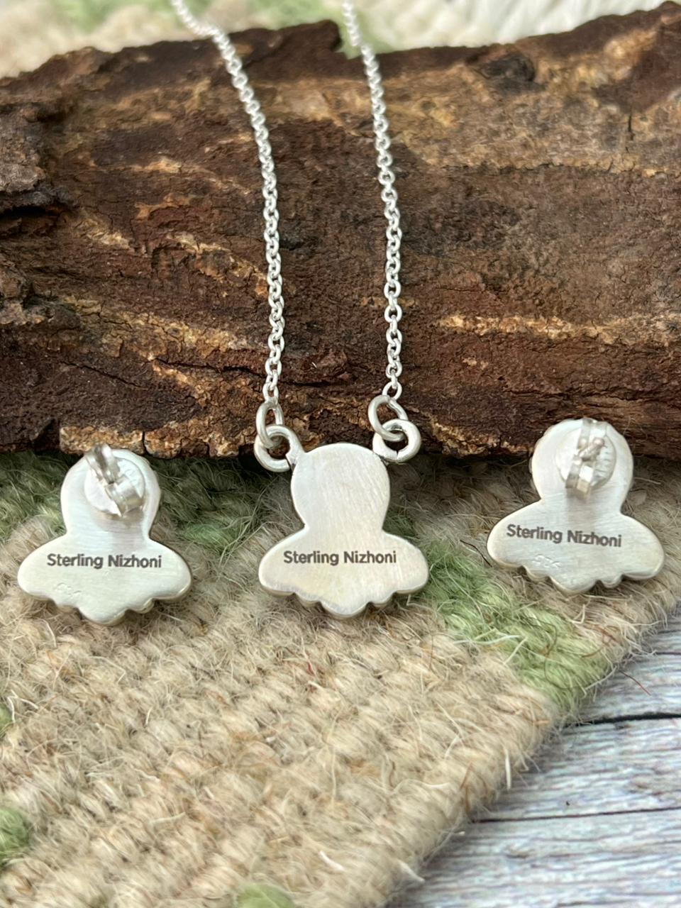 Handmade Sterling Silver Kingman Turquoise Necklace Earrings Set "Signed Nizhoni"