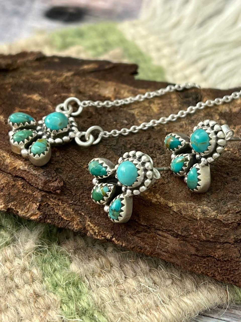 Handmade Sterling Silver Kingman Turquoise Necklace Earrings Set "Signed Nizhoni"
