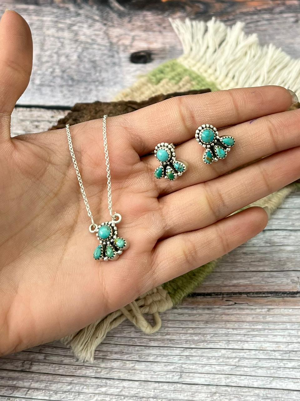 Handmade Sterling Silver Kingman Turquoise Necklace Earrings Set "Signed Nizhoni"