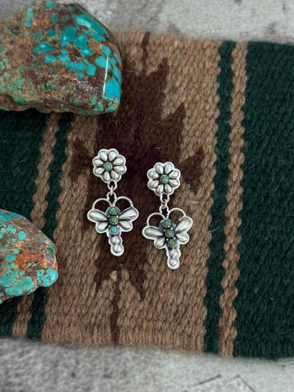 Handmade Sterling Silver Kingman Turquoise Butterfly Post Dangle Earrings "Signed Nizhoni"