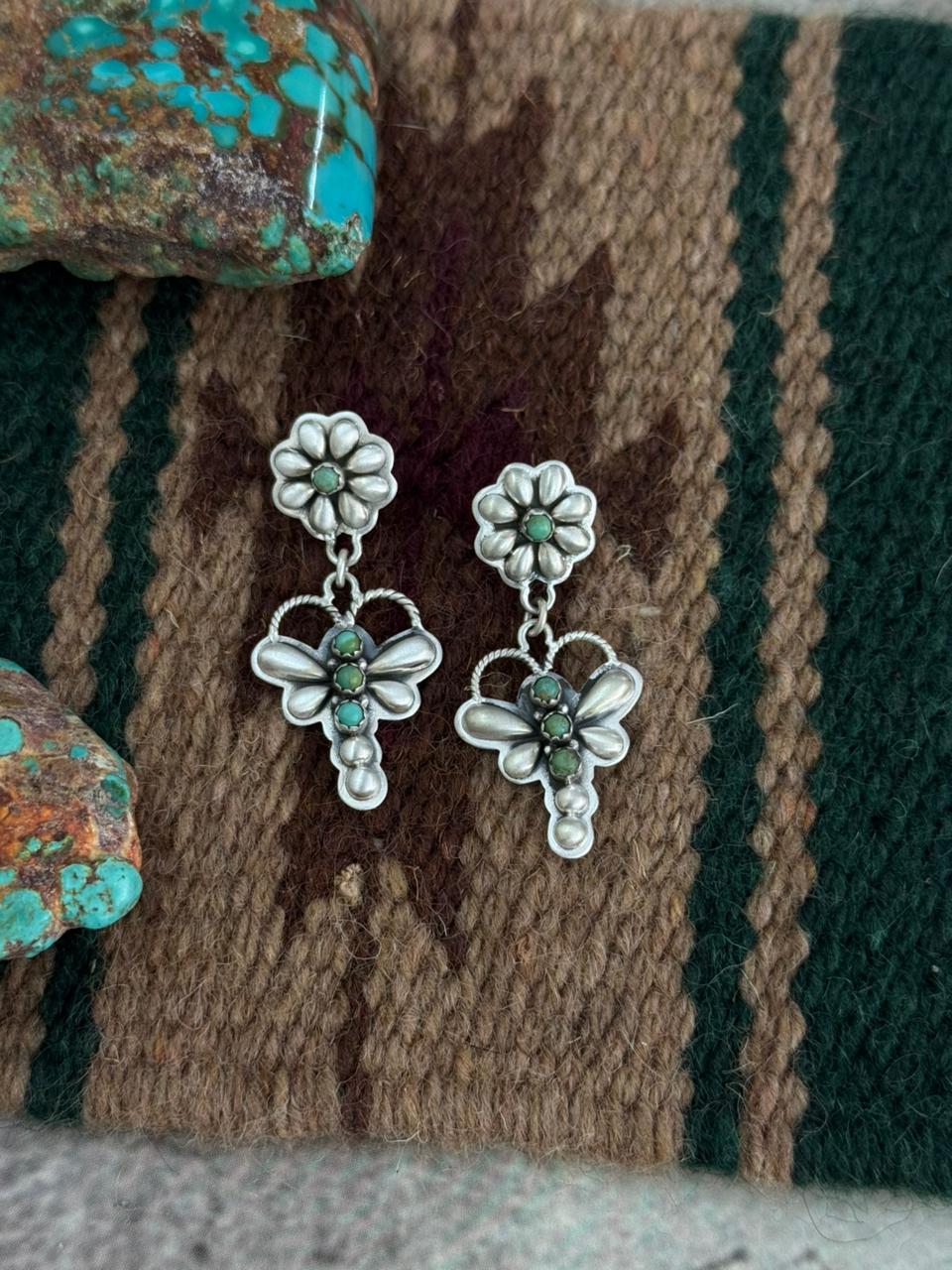 Handmade Sterling Silver Kingman Turquoise Butterfly Post Dangle Earrings "Signed Nizhoni"