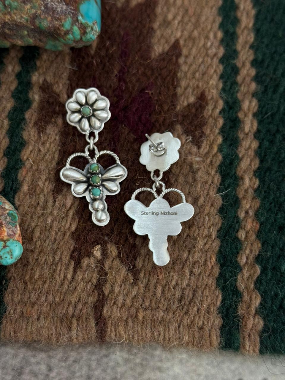 Handmade Sterling Silver Kingman Turquoise Butterfly Post Dangle Earrings "Signed Nizhoni"