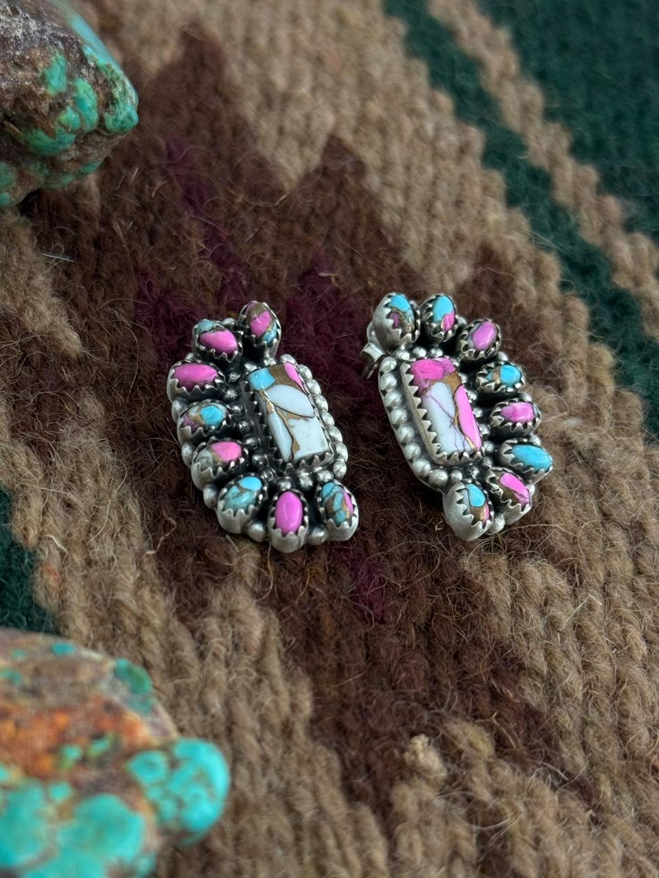 Handmade Sterling Silver Cotton Candy Turquoise Post Studs Earrings "Signed Nizhoni"
