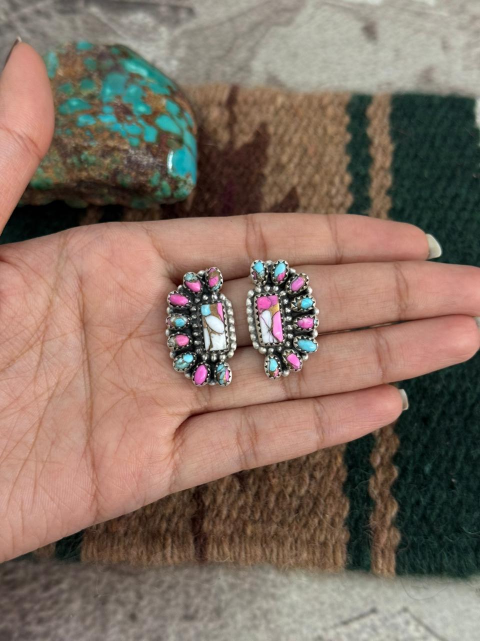 Handmade Sterling Silver Cotton Candy Turquoise Post Studs Earrings "Signed Nizhoni"