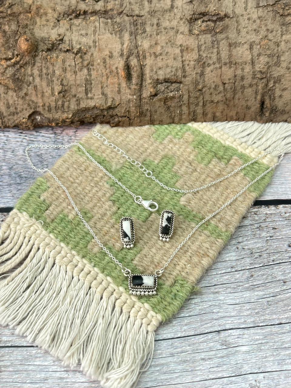 Handmade Sterling Silver White Buffalo Necklace Earrings Set "Signed Nizhoni"