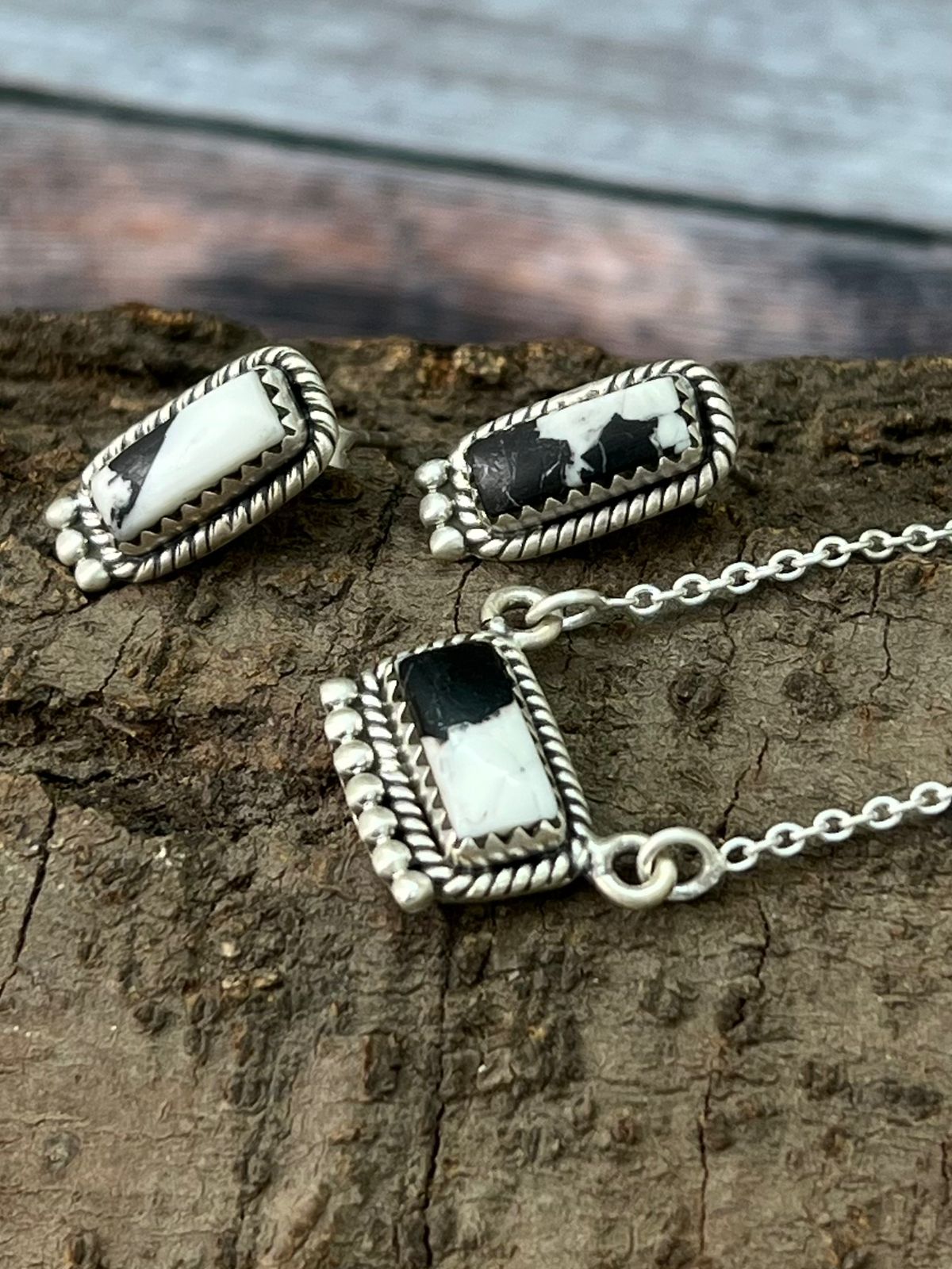 Handmade Sterling Silver White Buffalo Necklace Earrings Set "Signed Nizhoni"