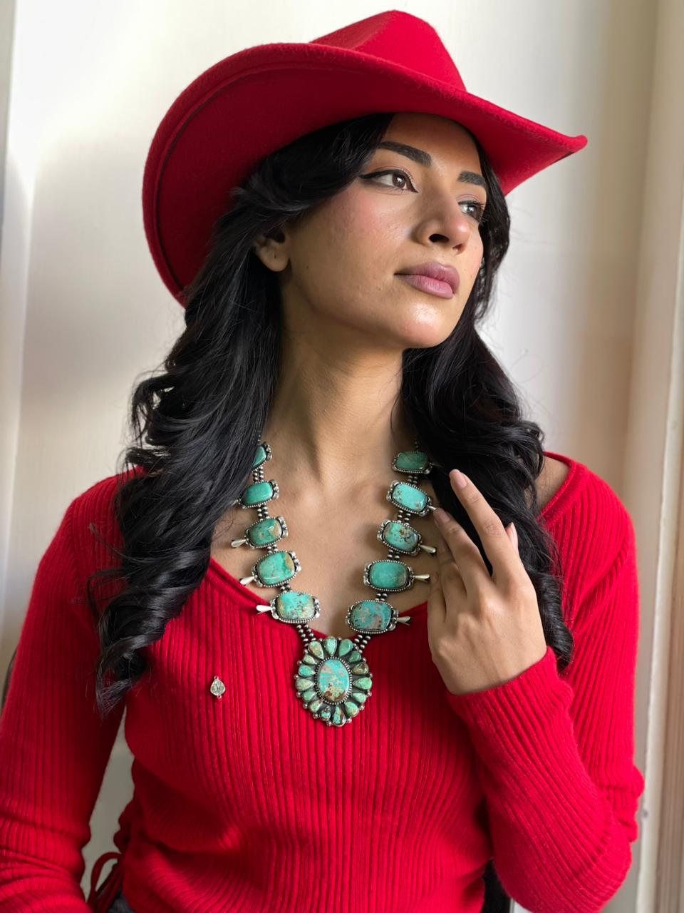 Handmade Sterling Silver Beaded Mantis Turquoise Squash Blossom Necklace "Signed Nizhoni"