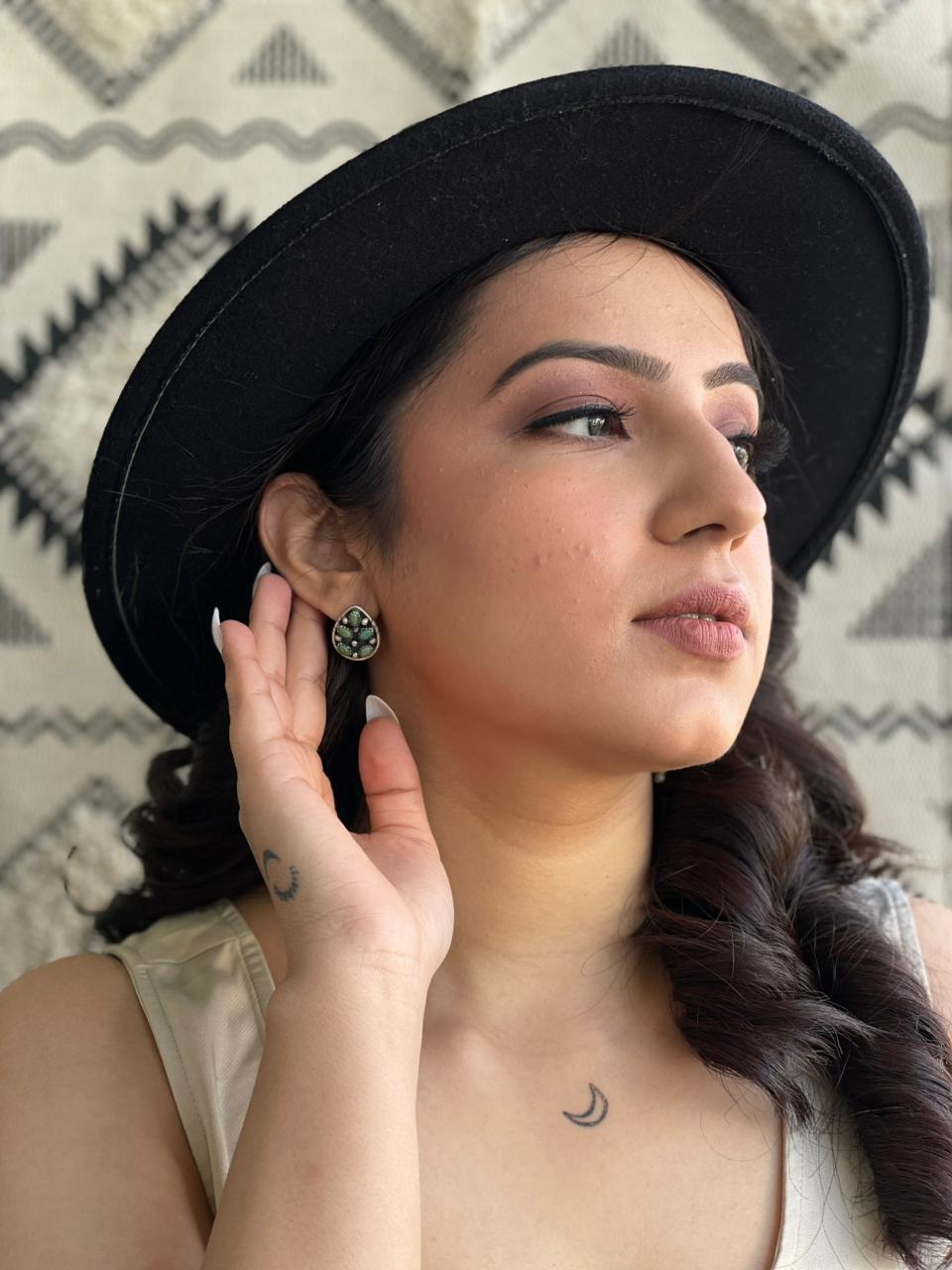 Handmade Sterling Silver Kingman Turquoise Post Studs Earrings "Signed Nizhoni"