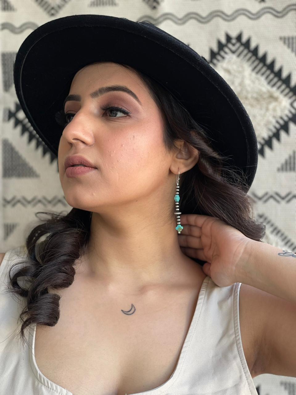 Handmade Sterling Silver Beaded Kingman Turquoise Hook Dangle Earrings