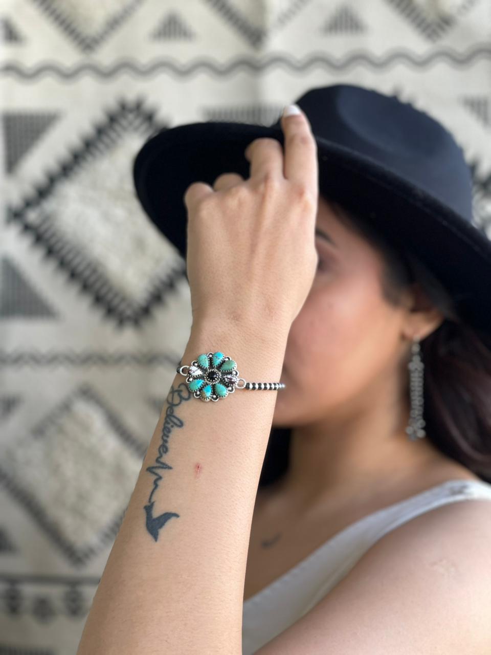 Handmade Sterling Silver Beaded Kingman with Wildhorse, Black Onyx Chain Bracelet "Signed Nizhoni"