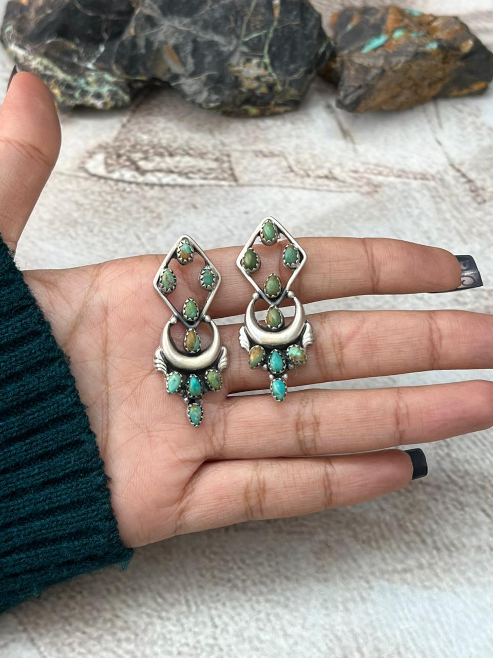 Handmade Sterling Silver Kingman Turquoise Post Dangle Earrings "Signed Nizhoni"