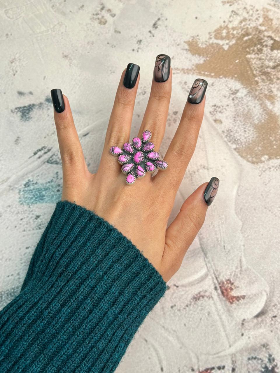 Handmade Sterling Silver Cherry Blossom Adjustable Ring "Signed Nizhoni"