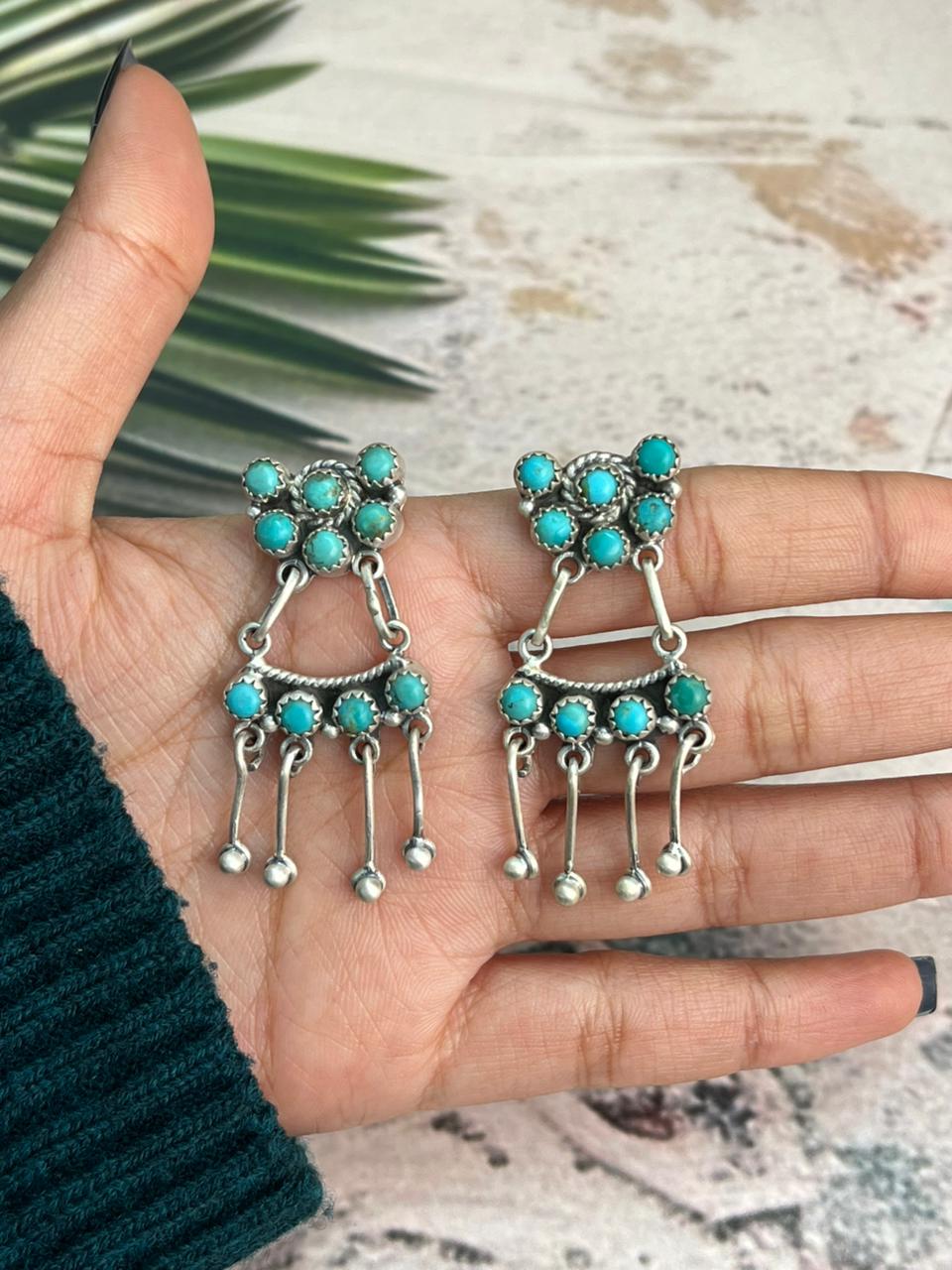 Handmade Sterling Silver Kingman Turquoise Post Dangle Earrings "Signed Nizhoni"