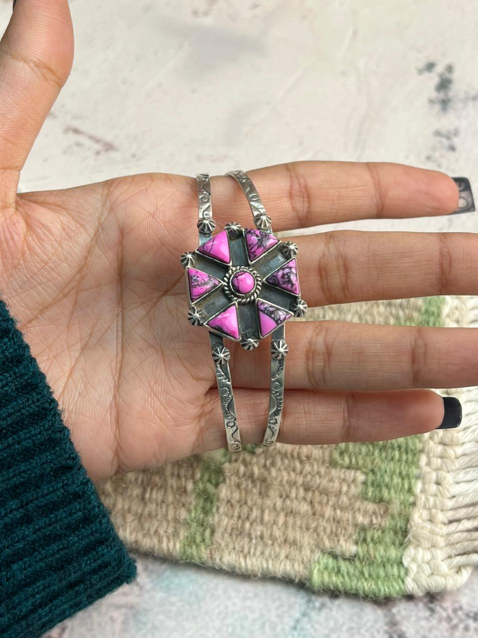 Handmade Sterling Silver Cherry Blossom Cuff Bracelet "Signed Nizhoni"