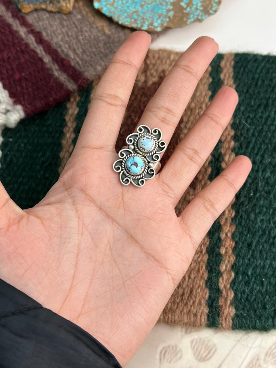 Handmade Sterling Silver Golden Hills Turquoise Adjustable Ring "Signed Nizhoni"