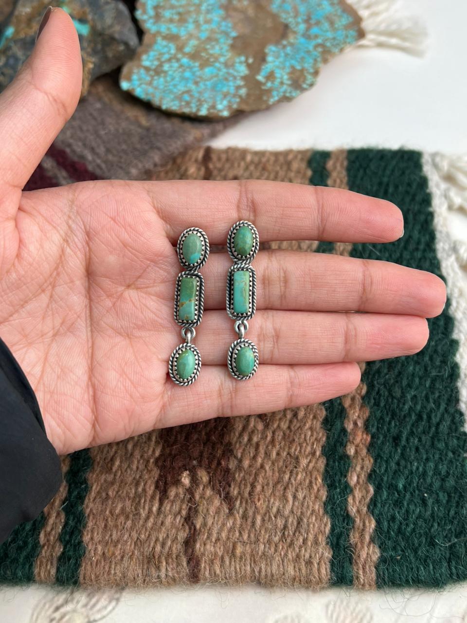 Handmade Sterling Silver Kingman Turquoise Post Dangle Earrings "Signed Nizhoni"