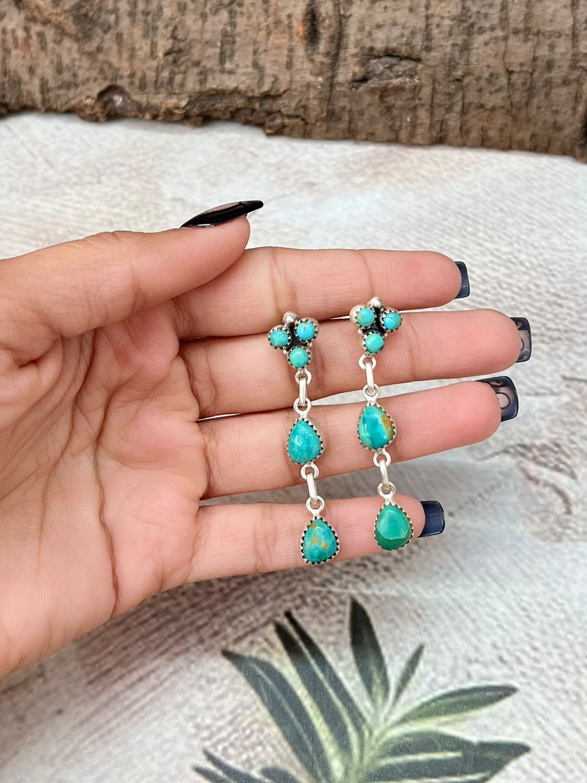 Handmade Sterling Silver Kingman Turquoise Post Dangle Earrings "Signed Nizhoni"