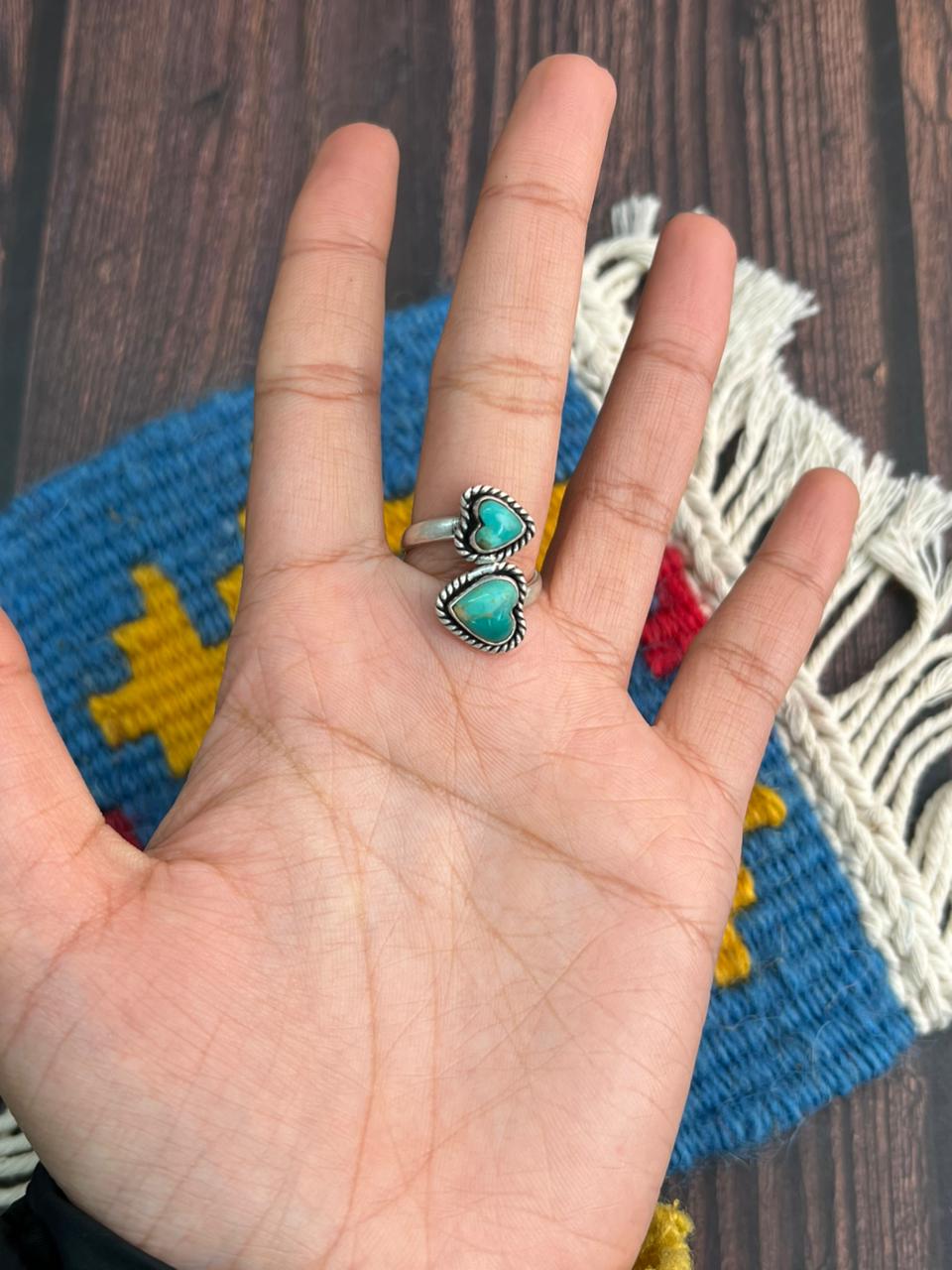 "Heart Collection" Handmade Sterling Silver Kingman Turquoise Adjustable Ring "Signed Nizhoni"