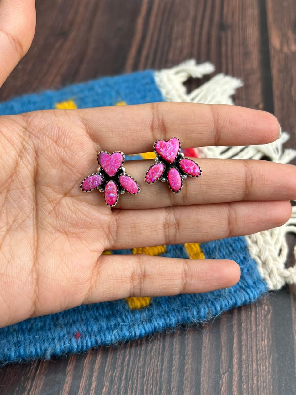 "Heart Collection" Handmade Sterling Silver Hot Pink Post Studs Earrings "Signed Nizhoni"