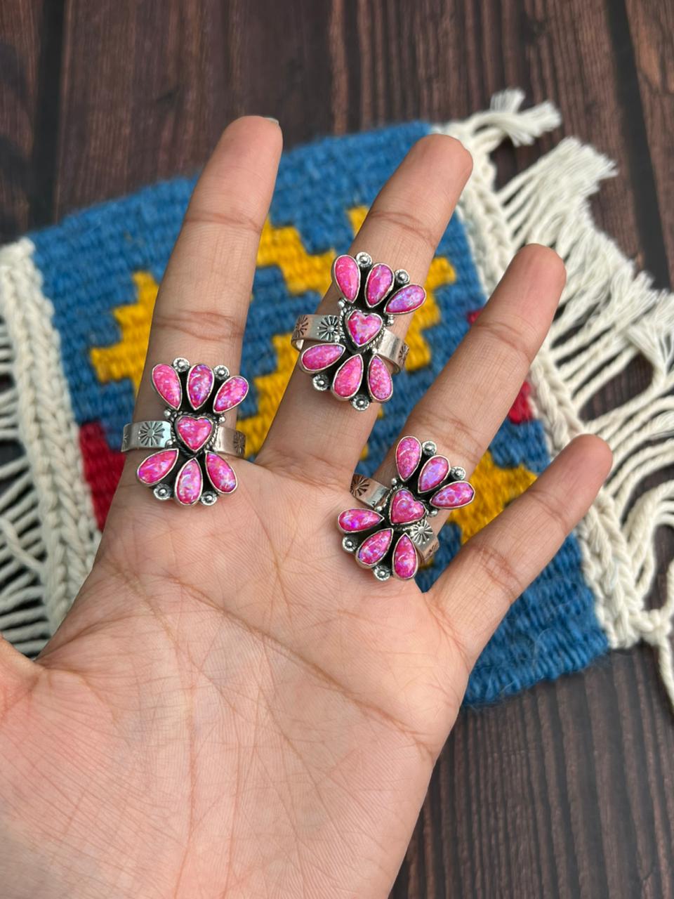 "Heart Collection" Handmade Sterling Silver Hot Pink Adjustable Ring "Signed Nizhoni"