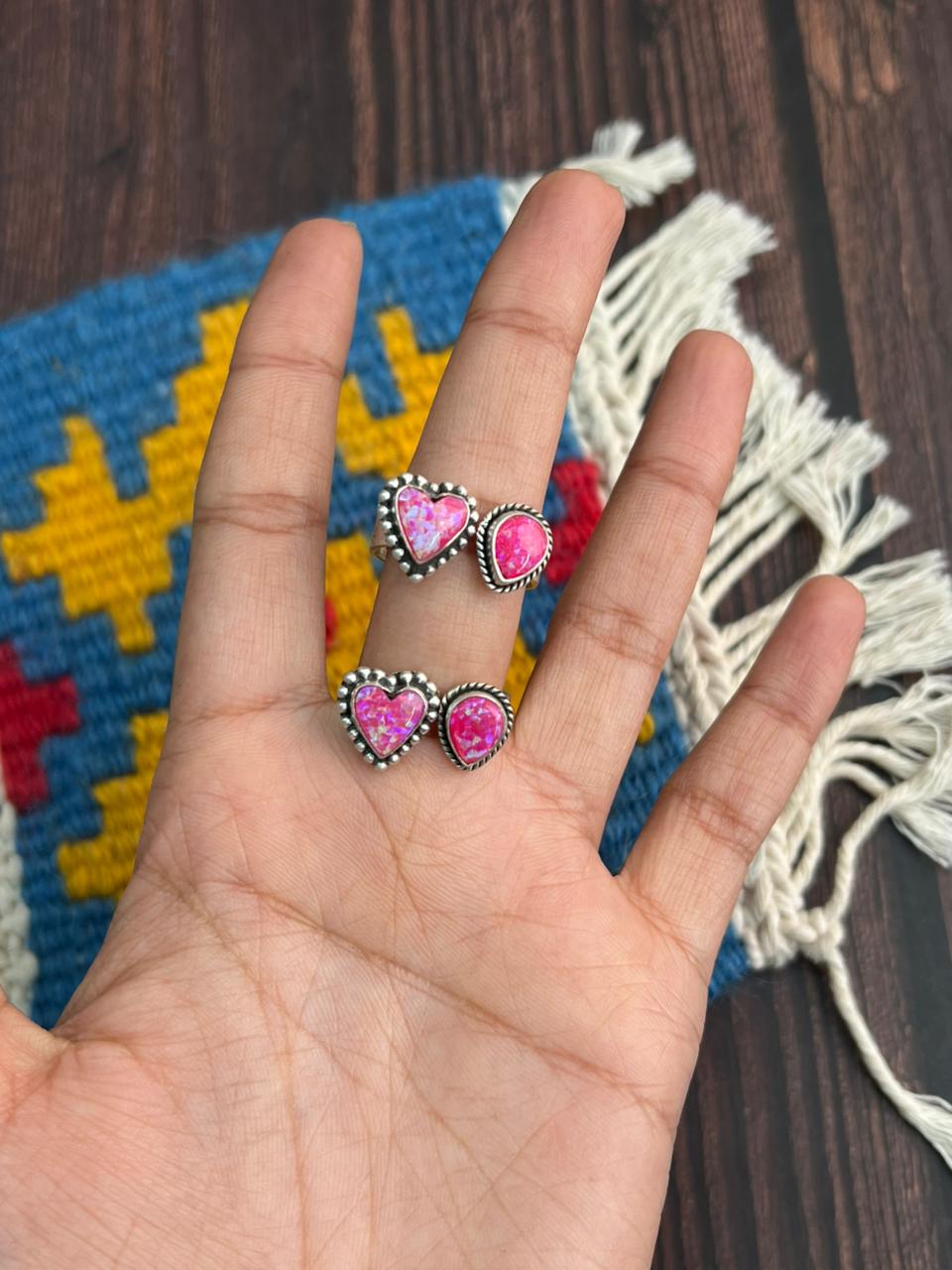 "Heart Collection" Handmade Sterling Silver Hot Pink Adjustable Ring "Signed Nizhoni"