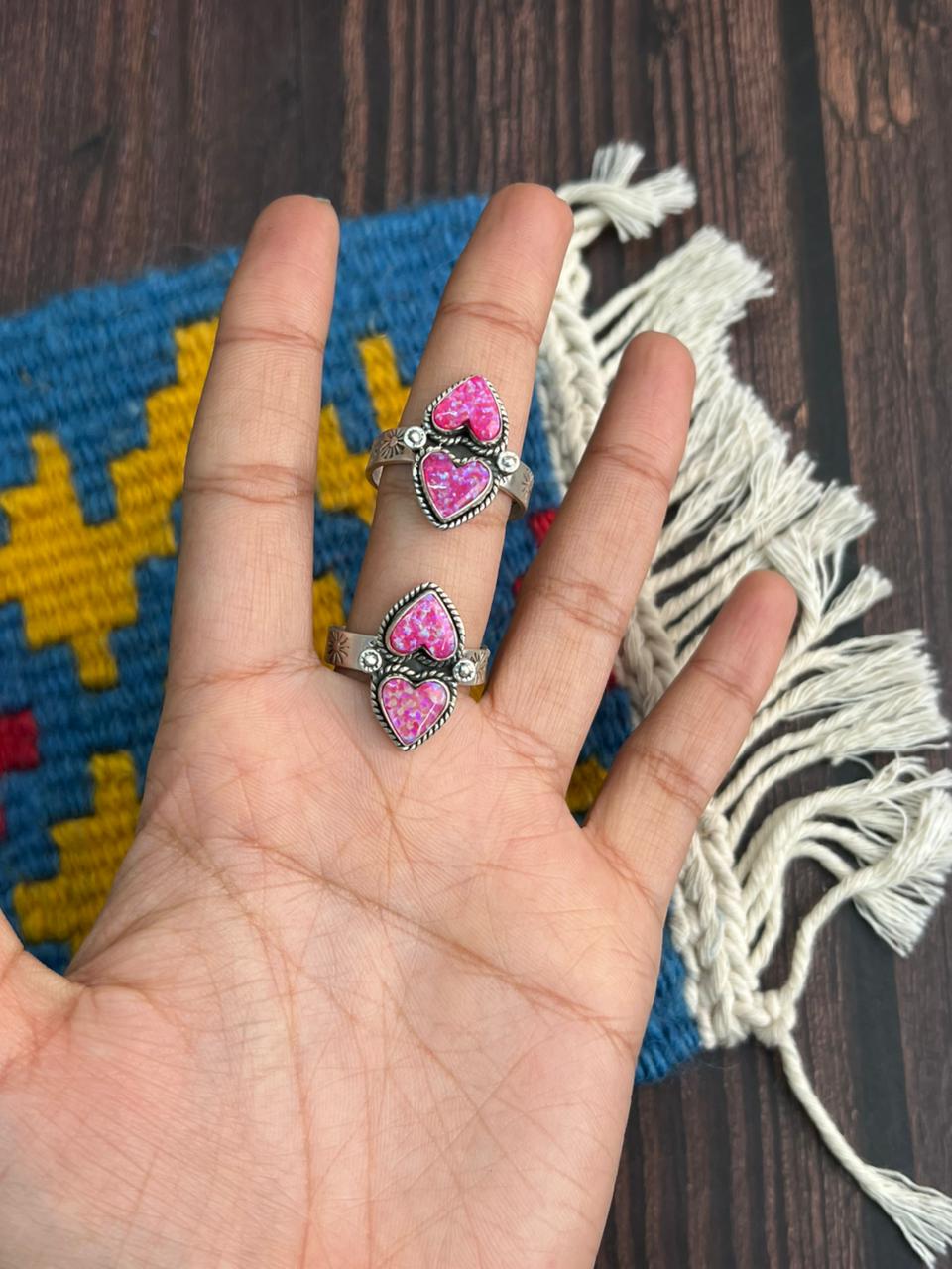 "Heart Collection" Handmade Sterling Silver Hot Pink Adjustable Ring "Signed Nizhoni"