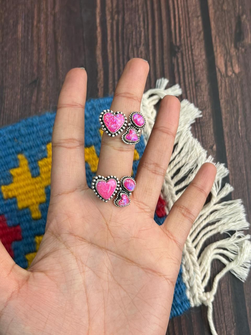 "Heart Collection" Handmade Sterling Silver Hot Pink Adjustable Ring "Signed Nizhoni"