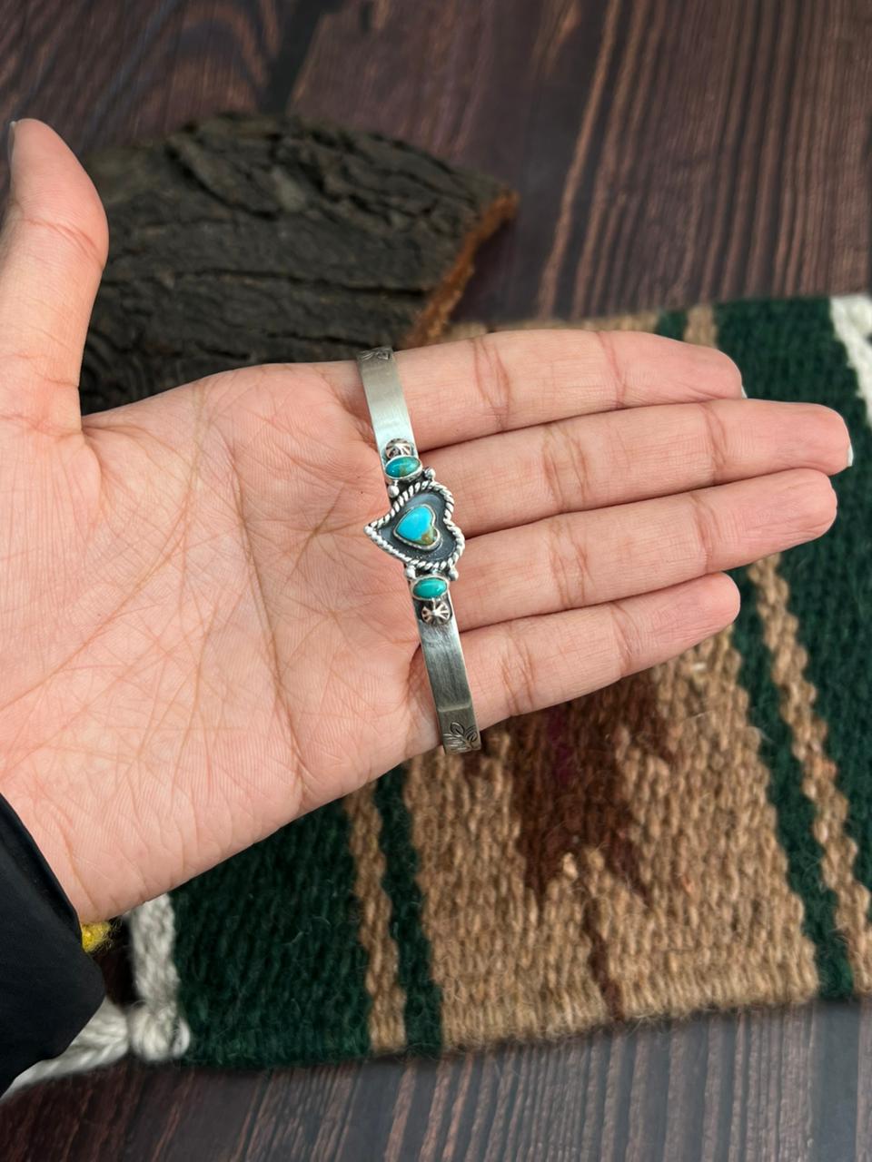 "Heart Collection" Handmade Sterling Silver Kingman Turquoise Bracelet "Signed Nizhoni"