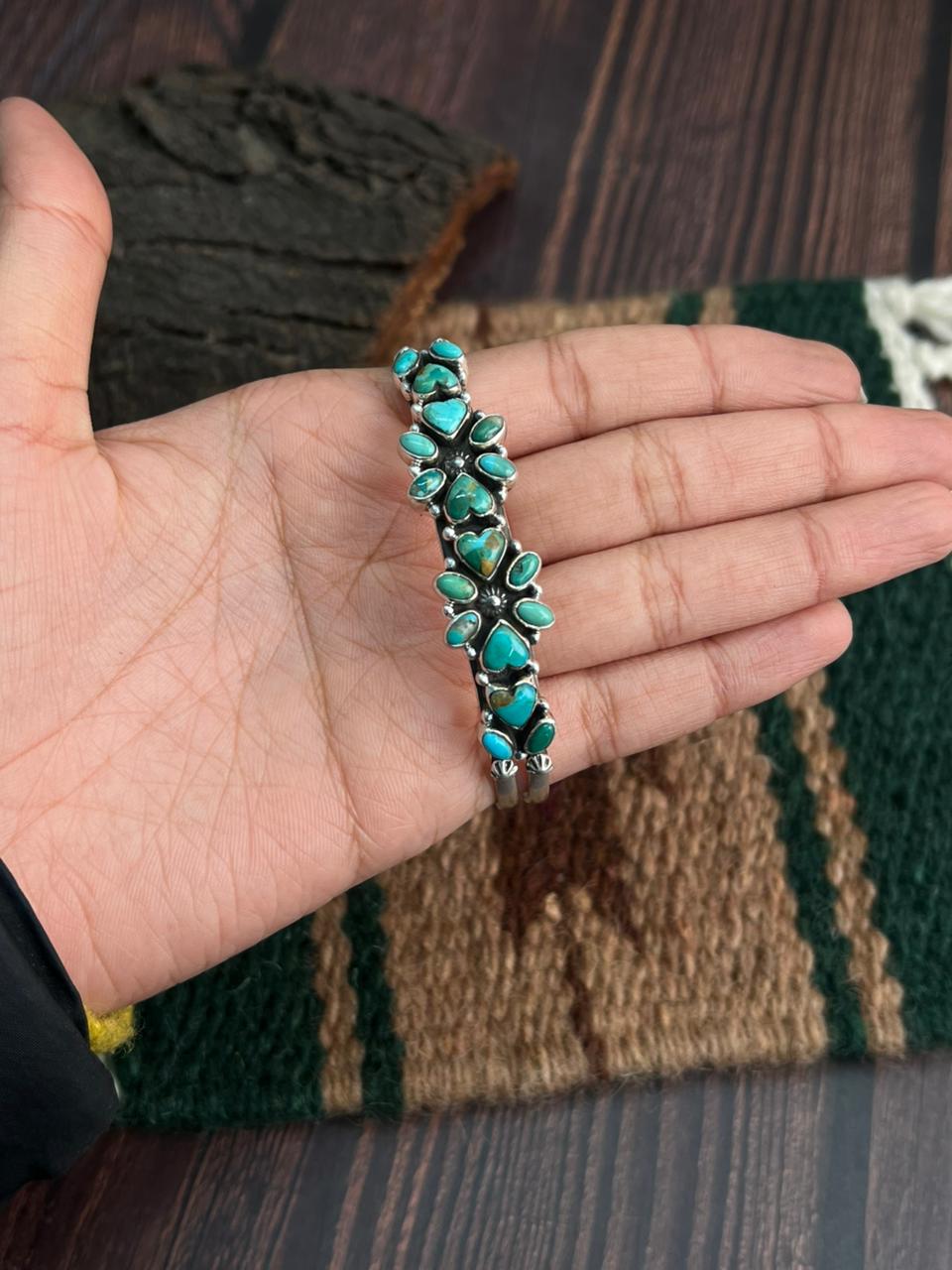 "Heart Collection" Handmade Sterling Silver Kingman Turquoise Bracelet "Signed Nizhoni"