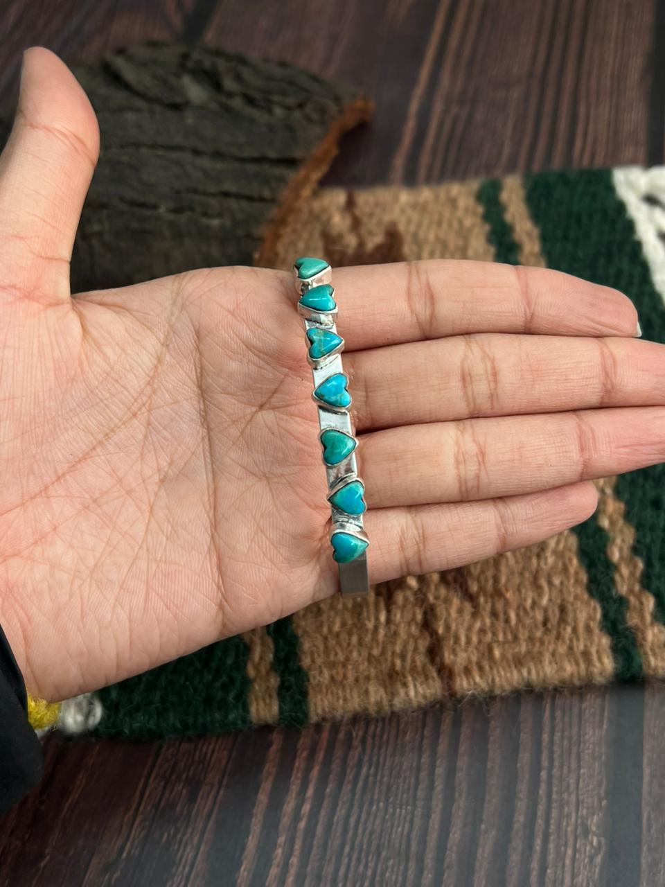 "Heart Collection" Handmade Sterling Silver Kingman Turquoise Bracelet "Signed Nizhoni"