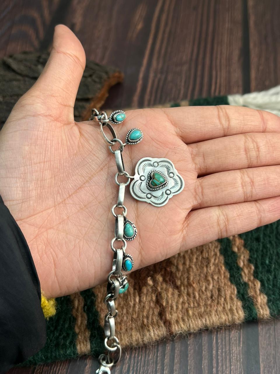 "Heart Collection" Handmade Sterling Silver Kingman Turquoise Chain Bracelet "Signed Nizhoni"