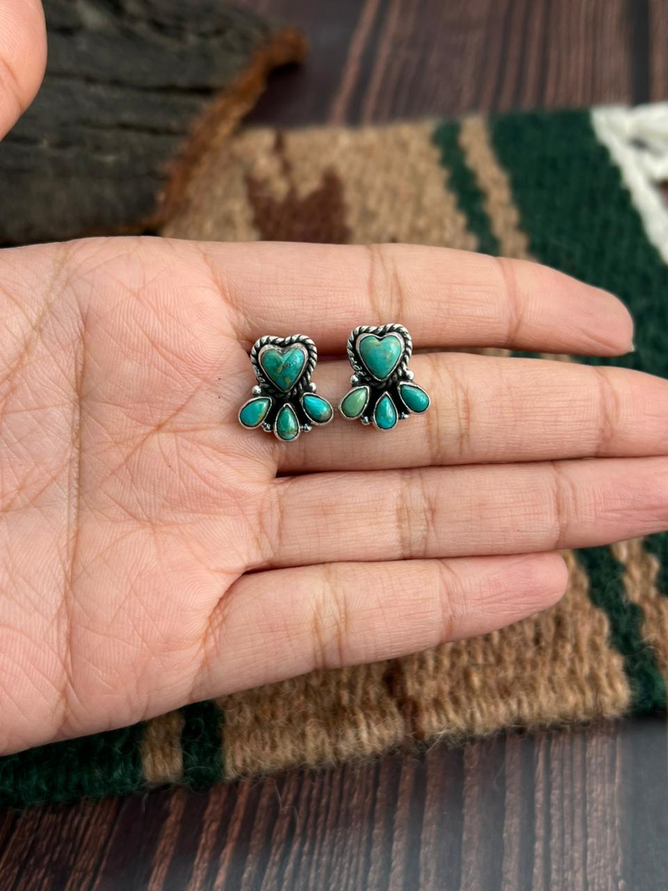 "Heart Collection" Handmade Sterling Silver Kingman Turquoise Post Studs Earrings "Signed Nizhoni"