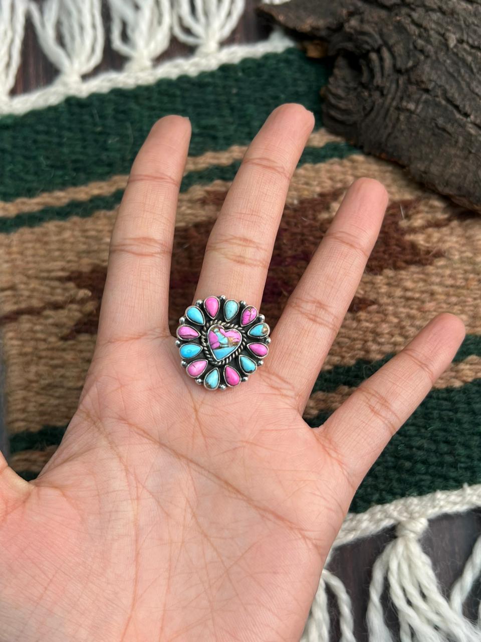 "Heart Collection" Handmade Sterling Silver Cotton Candy Adjustable Ring "Signed Nizhoni"