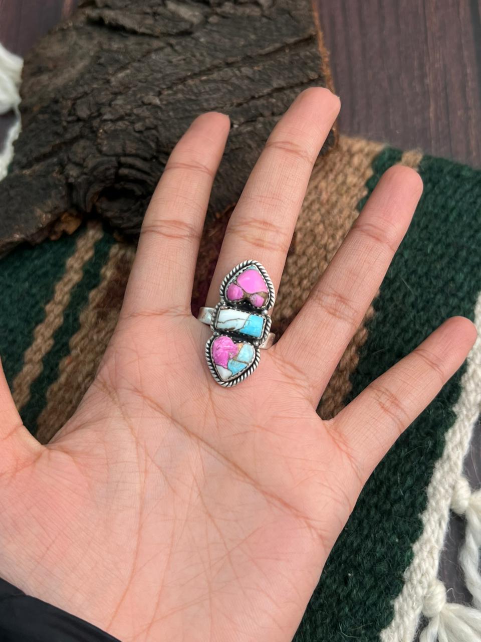 "Heart Collection" Handmade Sterling Silver Cotton Candy Adjustable Ring "Signed Nizhoni"