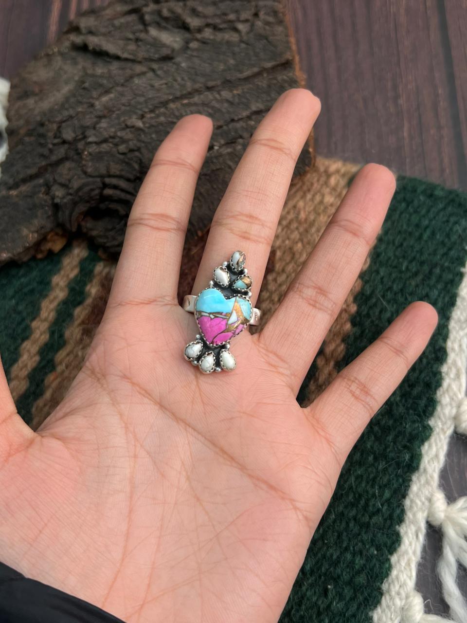 "Heart Collection" Handmade Sterling Silver Cotton Candy Adjustable Ring "Signed Nizhoni"